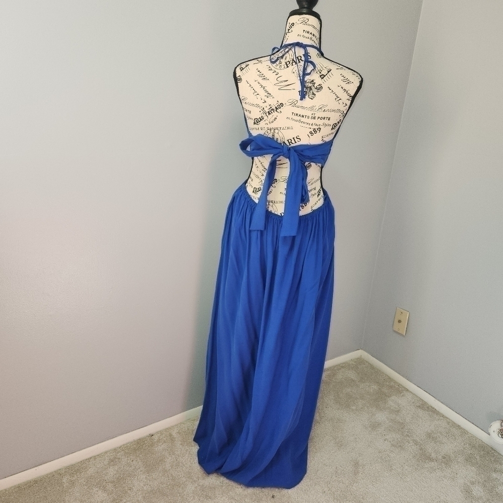 Gianni Bini NWT Trina Maxi DRESS Halter Neck Sleeveless Cut Out Tie Back Blue L - Picture 3 of 8